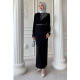 InStyle Taş Yaka Tüylü Kol Siyah Abiye