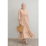 InStyle Tena Beli Lastikli Ayrobin Elbise - Bej