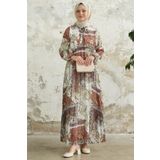 InStyle Viera Şal Desenli Yakası Kuşaklı Bordo Şifon Elbise