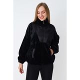 Intensive Collection Kadın Siyah Fermuarlı Peluş Cepli Uzun Kollu Hırka