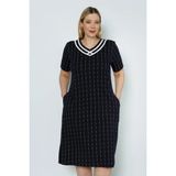 Intensive Collection Lacivert Çizgi Desenli Şeritli Cepli Pamuklu Büyük Beden Kısa Kollu Elbise - 4XL - 00400 Lacivert