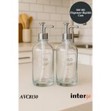 İnterlife 2li Sıvı Sabunluk Modern Dispenser Başlıklı Etiketli Cam Sabunluk Banyo Mutfak Dekoratif Sabunluk
