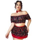 Intive Büyük Beden Siyah Çiçek Desenli Büstiyerli Mini Etekli Bralet Takım (XL-4XL)