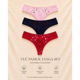 Intive Comfort Desenli Dantel Detaylı Lacivert/Pembe/Kırmızı 3'lü Tanga/Brazilian Set