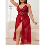 Intive Curvy Büyük Beden Kırmızı Yandan Derin Yırtmaçlı Göğsü Dantel Eteği Transparan Maksi Gecelik