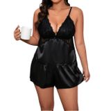 Intive Curvy Büyük Beden Saten V Yaka Dantelli Şort Büstiyer Takım-Pijama Takımı