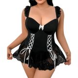 Intive Curvy Büyük Beden Yanları Bağlama Detaylı Eteği ve Askısı Dantelli Mini Gecelik