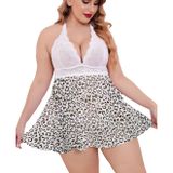 Intive Curvy Parlak Leopar Desenli Boyundan Bağlamalı Göğsü Beyaz Dantelli Arkası Transparan Gecelik