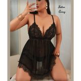 Intive Curvy Siyah V Yaka Dekolteli Saten Kuşaklı Transparan Dantel Detaylı Büyük Beden Gecelik