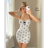 Intive Fantasy Beyaz Siyah Kurdeleli Dantel Detaylı Slim Kesim Mini Feminen Gecelik