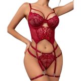Intive Fantasy Bordo Önden Bağlamalı Büstiyerli Jartiyerli Bacak Aksesuarlı Tanga Takım