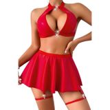 Intive Fantasy Kırmızı Wrap Yaka Kalp Aksesuarlı Büstiyer Jartiyerli Şirin Etek Takım