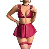 Intive Fantasy Şarap Rengi Önü Zincir Detaylı Fırfır Askılı Bel Dekolteli Mini Babydoll (ÇORAPSIZ)