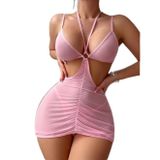 Intive Fantasy Toz Pembe Boyundan Bağlamalı Bel Dekolteli V Yaka Mini Gecelik