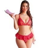 Intive Kırmızı Transparan Kalp Desenli Üçgen Bralet Volanlı Tanga Takım