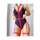 İntive Lingerie Arkası Çapraz Dekolteli Siyah Kırmızı Bodysuit Jartiyer Takım -1045 Siyah/Kırmızı L/XL