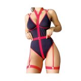 İntive Lingerie Arkası Çapraz Dekolteli Siyah Kırmızı Bodysuit Jartiyer Takım -1045 Siyah/Kırmızı S/M