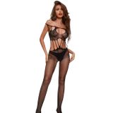 İntive Lingerie Calia Siyah Fantazi Çiçek Desenli Ağı Açık Vücut Çorabı- Siyah Standart