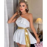 İntive lingerie-innocent&attractive Beyaz Helen Kız Beli Sarı Parlak Kuşaklı Tek Omuz Babydoll -3595