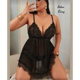 İntive lingerie-innocent&attractive Intive Curvy Siyah V Yaka Dekolteli Saten Kuşaklı Transparan Dantel Detaylı Büyük Beden Gecelik