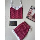 İntive lingerie-innocent&attractive Intive Dantel Detaylı Yumuşacık Bordo Puantiye Desenli Askılı Bluz Şort Pijama Takımı