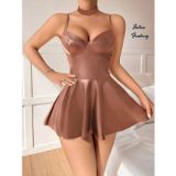 İntive lingerie-innocent&attractive Intive Fantasy Bej Deri Görünümlü Boyun Aksesuarlı V Yaka Tasarım Mini Gecelik