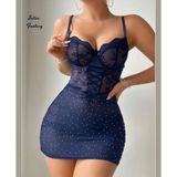 İntive lingerie-innocent&attractive Intive Fantasy Lacivert Simli Puantiyeli Tüllü Yakası Dantelli Mini Slim Gecelik