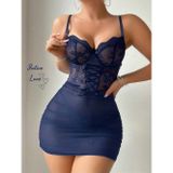 İntive lingerie-innocent&attractive Intive Lacivert Göğüs Bölümü Dantelli Bağlamalı Altı Tül Esnek Mini İnce Askılı Gecelik