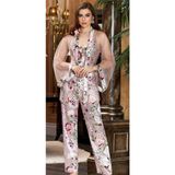 İntive lingerie-innocent&attractive Jeremi Pudra Çiçek Desenli Saten İpek Kolları Transparan 3 Parça Pijama Takımı-3053