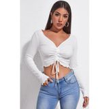 İntive lingerie-innocent&attractive Kadın Beyaz Uzun Kollu Büzdürme Bağcık Detaylı Crop Top Bluz