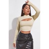İntive lingerie-innocent&attractive Kadın Ekru Göğüs Dekolteli Uzun Kollu Cut Out Crop Top Bluz