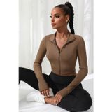 İntive lingerie-innocent&attractive Kadın Kahverengi Uzun Kol Fermuarlı Parmak Geçme Detaylı Dik Yaka Crop Top Bluz