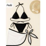 İntive lingerie-innocent&attractive Kadın Siyah Beyaz Pareolu Yandan ve Boyundan Bağlamalı 3'lü Bikini Takımı