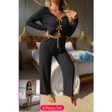 İntive lingerie-innocent&attractive Kadın Siyah Fiyonklu İç Çamaşırı ve Uzun Kollu V Yaka Pijama Takımı 4'lü Set