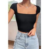 İntive lingerie-innocent&attractive Kadın Siyah Kare Yaka Yarım Kol Göğüs Dekolteli Crop Top Bluz