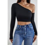 İntive lingerie-innocent&attractive Kadın Siyah Tek Omuz Detaylı Uzun Kol Crop Top Bluz