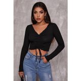 İntive lingerie-innocent&attractive Kadın Siyah Uzun Kollu Büzdürme Bağcık Detaylı Crop Top Bluz
