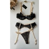 İntive lingerie-innocent&attractive Larisa Siyah Bej Transparan Tanga Jartiyer Sütyen Takım
