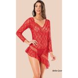 İntive lingerie-innocent&attractive Moongirl Asimetrik Kesim Transparan Full Dantelli Uzun Kollu Mini Gecelik/Babydoll
