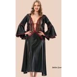 İntive lingerie-innocent&attractive Moongirl Derin V Dekolte Kırmızı Çiçek Desenli Saten Latin Gecelik Kolları Volanlı Sabahlık Takım