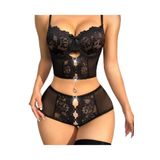 İntive Lingerie Kadın Siyah Kalp Aksesuar Detaylı Balensiz Transparan Cheeky Külot Takım -8454 Siyah S
