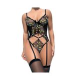 İntive Lingerie Kadın Siyah Transparan Çiçek Desenli Jartiyerli Büstiyer, Tanga, Çorap Takım - 3622 Renkli S/M