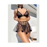 İntive Lingerie Kadın Siyah Transparan Ponpon Zincirli Sütyen Etek Tanga Takım- 3617 Siyah S/M