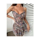 İntive Lingerie Kadın Volanlı Gri-Mavi-Mor Çiçek Baskılı Vintage Gecelik/Baybdoll Çok Renkli L/XL