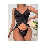 İntive Lingerie Kadın Yumuşak Dantel Jartiyerli Bodysuit Tanga Bacak Aksesuarı Takım- 8460 Siyah M
