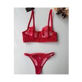İntive Lingerie Kırmızı Desenli Transparan Dantel Sütyen Tanga Takım Kırmızı 80B