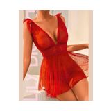 İntive Lingerie Kırmızı Puantiyeli Transparan Derin Dekolte Gecelik Takım-1015 Kırmızı L/XL