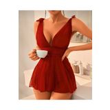 İntive Lingerie Lily Bianca Bordo Puantiyeli Transparan Derin Dekolte Gecelik Takım-1021 Bordo S/M