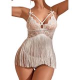 Intive Püsküllü Dantelli Arkası Çapraz Göğsü İpli Fantezi Mini Gecelik/Babydoll (Beyaz, L/XL)