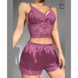 Intive Sugar Açık Mor V Yaka Dantel Büstiyerli Saten Pijama Takımı/İç Çamaşır Takım